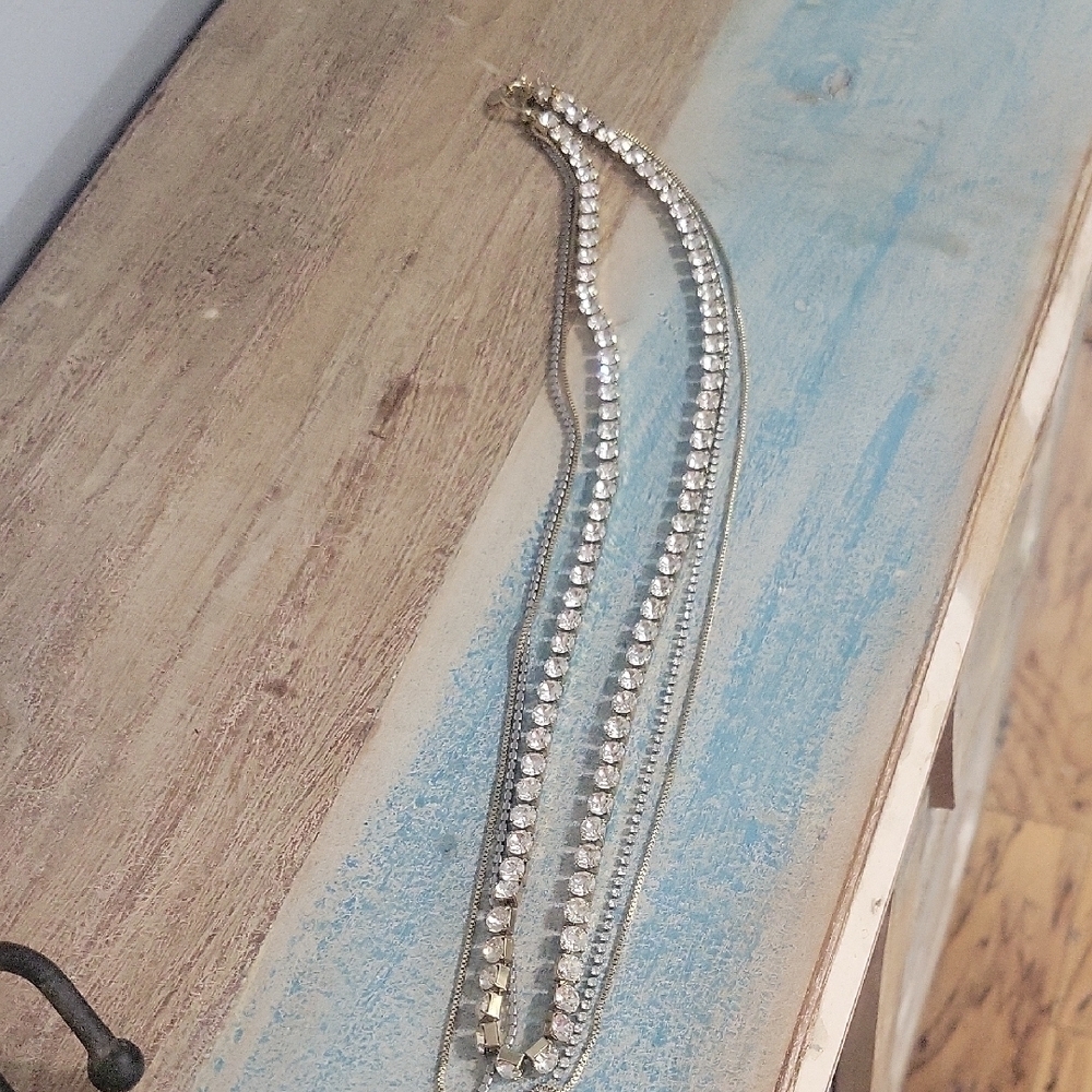 PA Paula Abdul Dazzling 3 strand  Silver and gold tones long Crystal Necklace